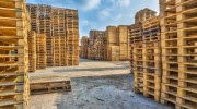 Dozens of wooden pallets stacked in rows. 