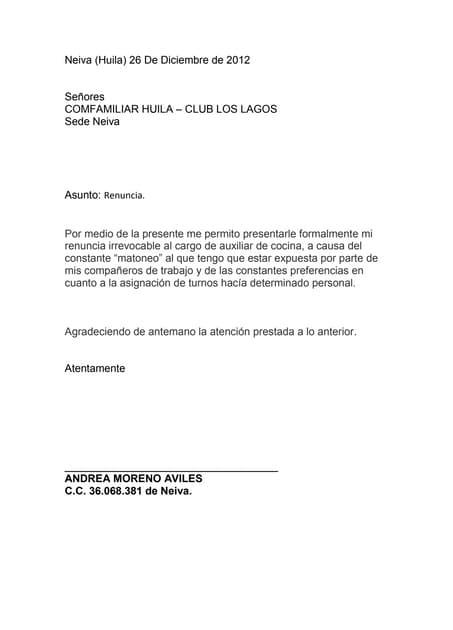 Ejemplo De Carta De Renuncia Laboral En Nicaragua 