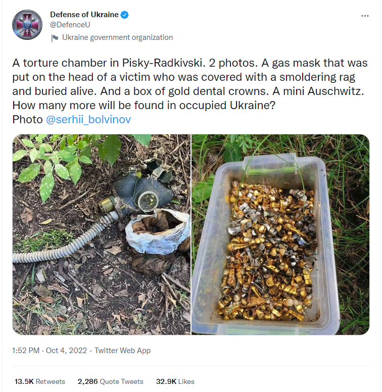 Ukraine tweet claiming the Russians are torturing Ukrainians. Proof is a box of gold teeth supposedly taken from the dead.