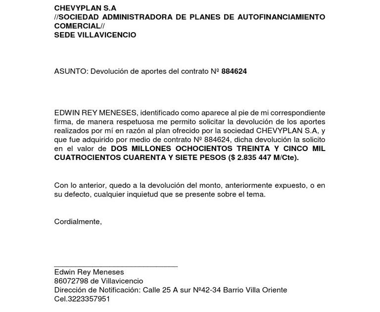 Carta Solicitud Devolucion De Dinero A Una Empresa 