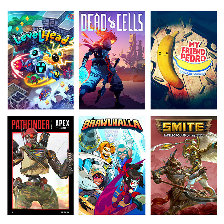 Cover art for Levelhead, Dead Cells, My Friend Pedro, Apex Legends: Pathfinder Edition, Brawlhalla, and SMITE in a 3x2 grid