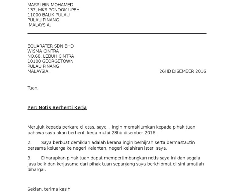 Contoh Surat Notis Sebulan Berhenti Kerja Contoh Surat