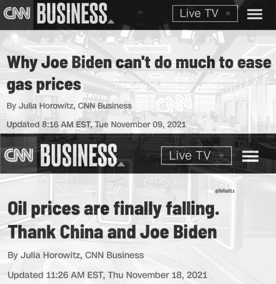 Hypocrite Julia Horowitz. She first says Joe Biden has nothing to do with rising gas prices, the thanks him when prices go down.