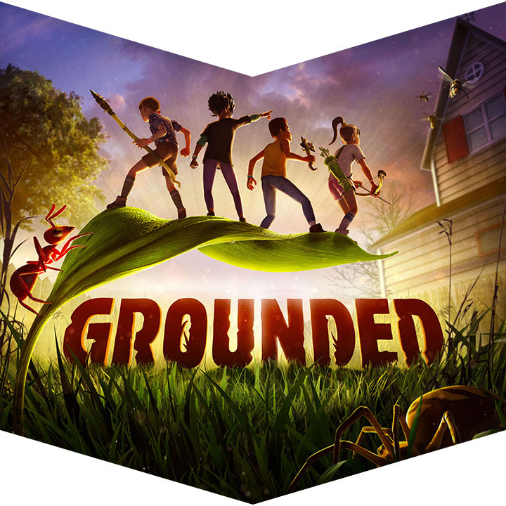 Key art from Grounded showing a group of miniaturized children standing on a leaf in their backyard preparing for combat with insects and spiders of equal size