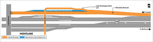 A map of the state route 520 off-ramps to the Montlake area with the off-ramps highlighted in orange.