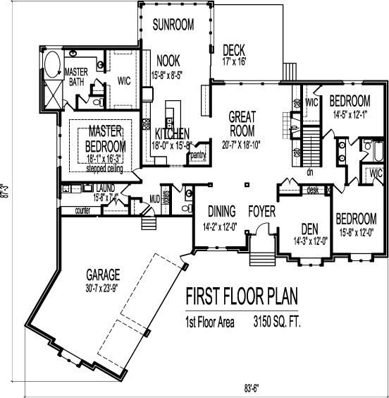 House plans between 1800 and 2000 square feet and with 3 bedrooms and with 2 bathrooms and with 2 garage bays 3 Car Angled Garage House Floor Plans 3 Bedroom Single Story Ranch