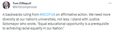 Comptroller DiNapoli's Tweet regarding affirmative action. 