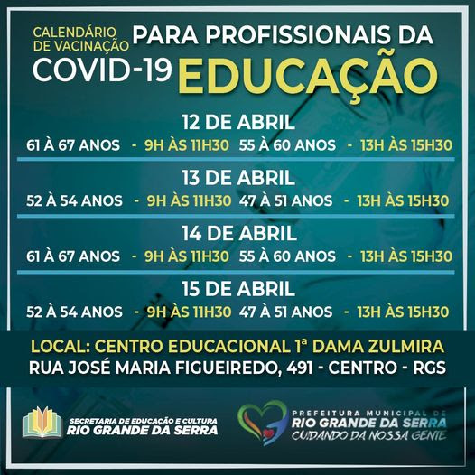 *nascidas até 12 de janeiro de 1971. Rio Grande Da Serra Profissionais De Educacao De Rio Grande Receberao Vacina Contra A Covid 19 A Partir Desta Segunda Feira 12