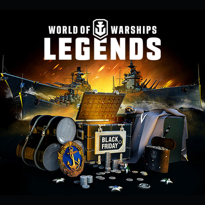 The World of Warships: Legends logo sits above several warships behind a collection of miscellaneous loot.
