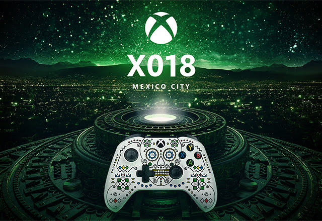 X018 MEXICO CITY | An intricate design on an Xbox controller over a green and black Mexico City nightscape.