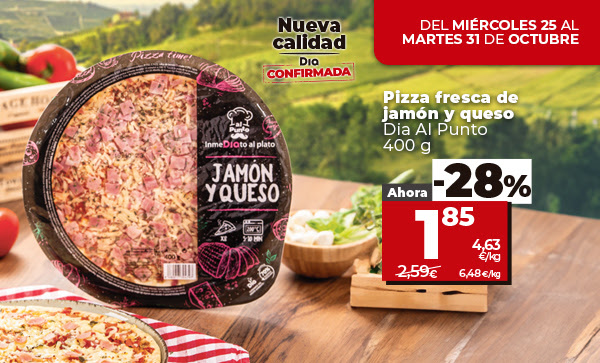 Pizza fresca de jamón y queso, Dia Al Punto 400g