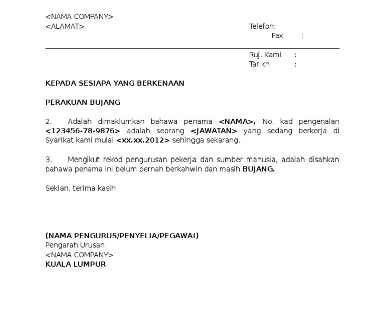 Format Surat Rasmi Akuan Bujang - HRasmi
