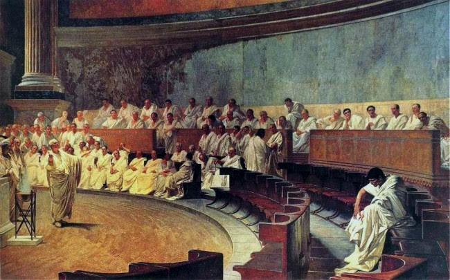 Segregado por seus pares, no Senado, Catilina ouve o duro discurso acusatÃ³rio de Marcus Tullius CÃ­cero - entÃ£o CÃ´nsul de Roma com poderes excepcionais conferidos pelos Senadores romanos (pintura de Cesare Maccari, 1888).