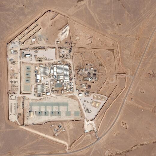 This handout satellite picture released on January 29, 2024 by Planet Labs PBC and captured on October 12, 2023 shows a view of the base, known as Tower 22, which is operated by US troops as part of an international coalition against the Islamic State (IS) jihadist group, near Jordan's border with Iraq and Syria in the northeastern Rwaished District. A drone attack on January 28, 2024 on the frontier base in Jordan's northeast, killed three US troops. (Photo by Planet Labs / AFP) / XGTY / RESTRICTED TO EDITORIAL USE - MANDATORY CREDIT "AFP PHOTO / PLANET LABS PBC" - NO MARKETING - NO ADVERTISING CAMPAIGNS - DISTRIBUTED AS A SERVICE TO CLIENTS