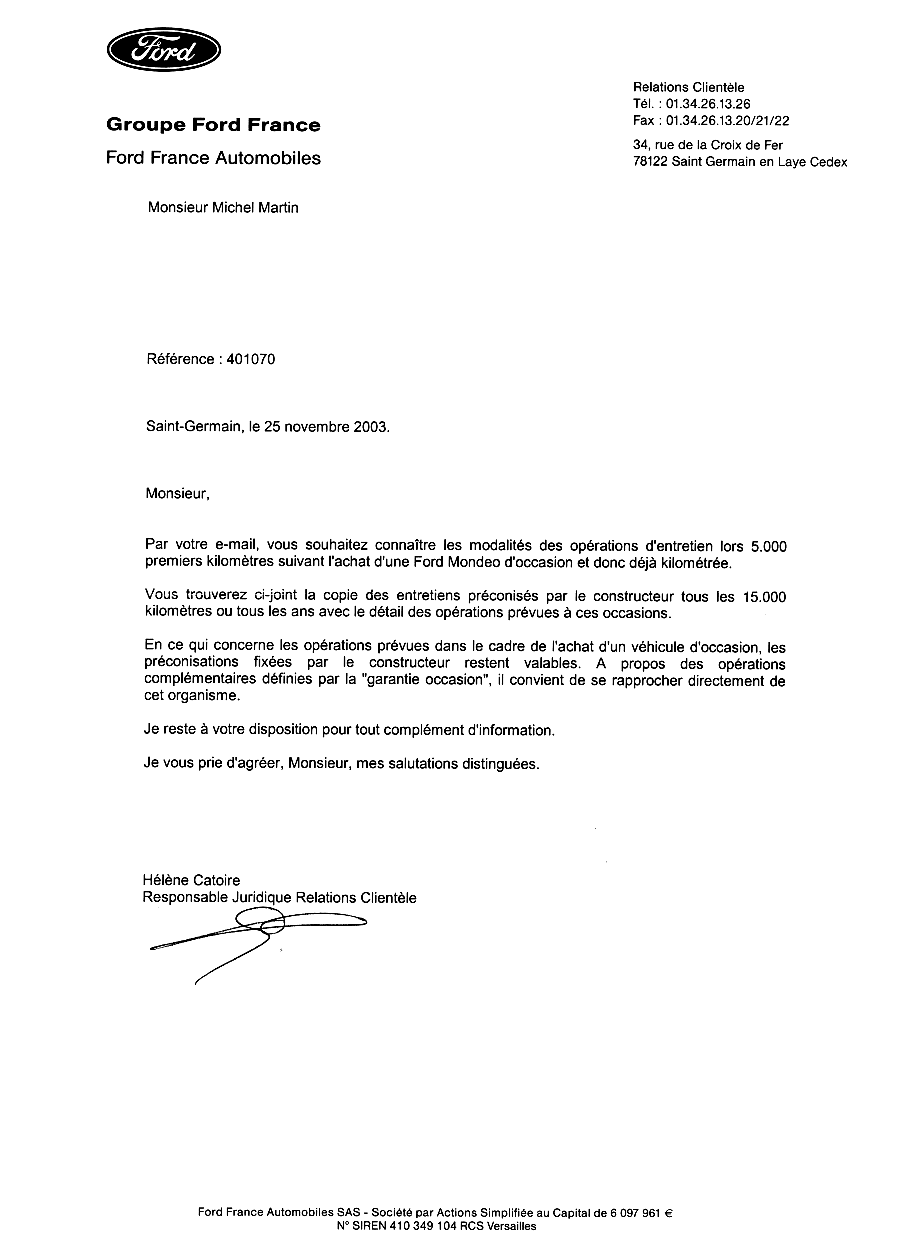 lettre de réclamation pour panne voiture