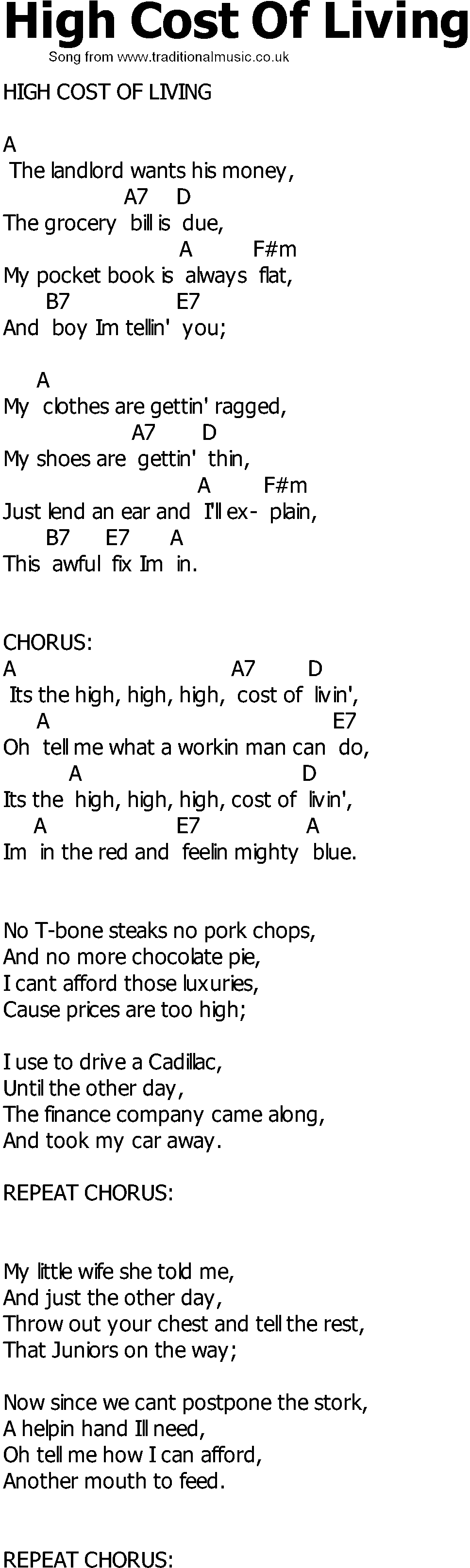 What did you have to do to compensate for high cost of living? Old Country Song Lyrics With Chords High Cost Of Living