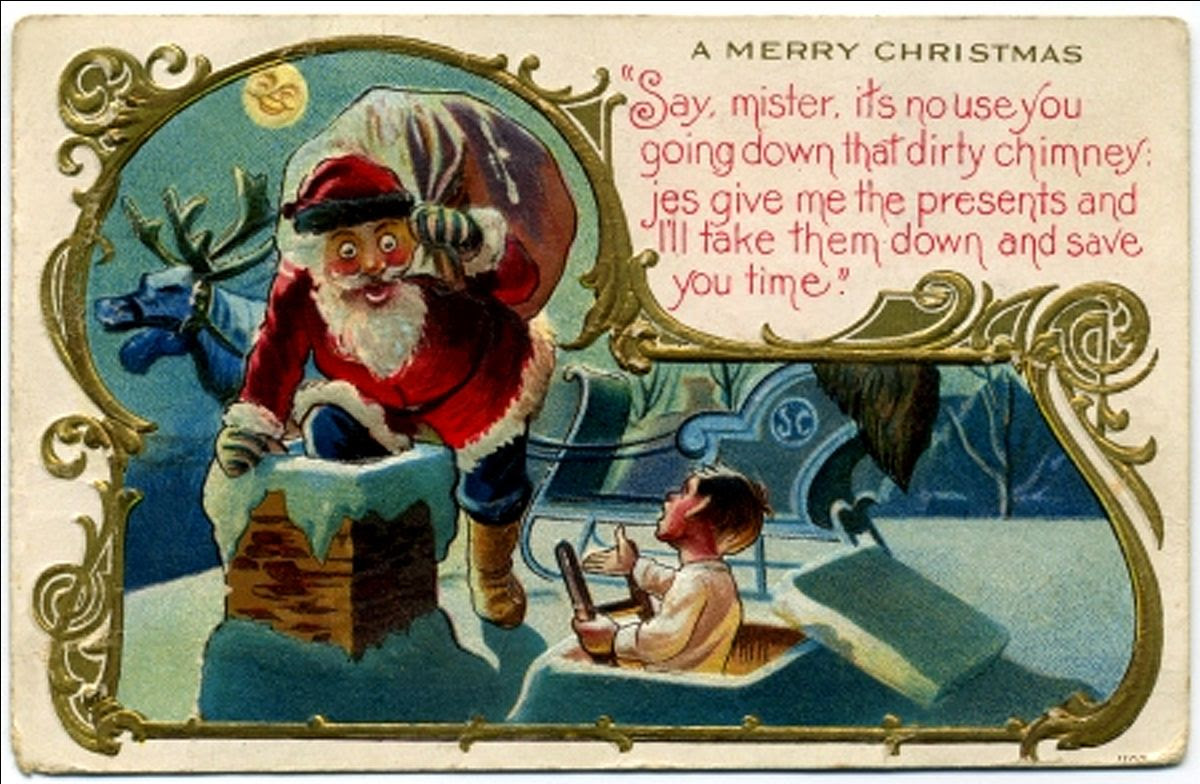 Vintage CHristmas card of Santa being caught on roof by child.