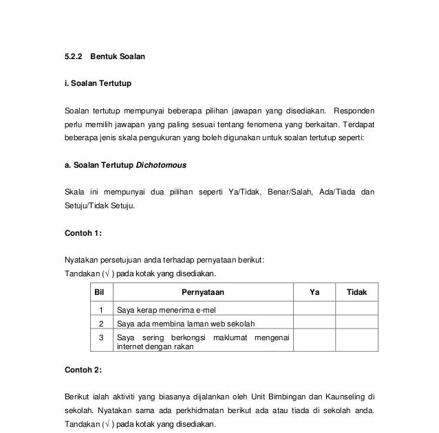 Contoh Soalan Soal Selidik Tertutup - Kuora w