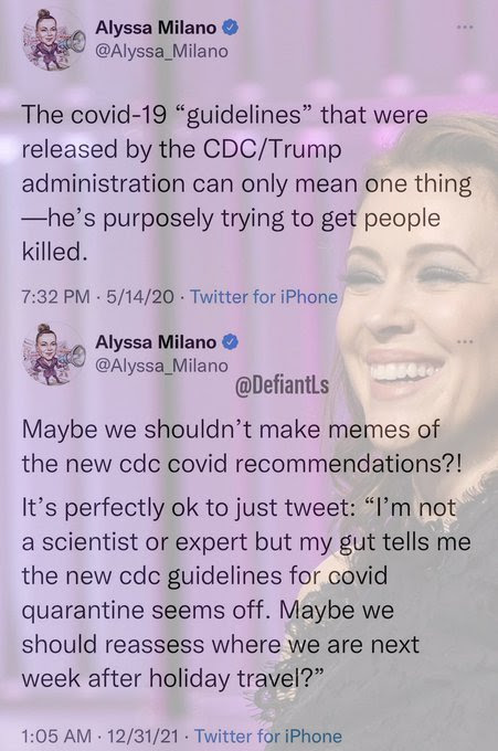 Hypocrite: Alyssa Milano. One year she condemns CDC Guidelines (under Trump) then says to not mock guidelines (under Biden).