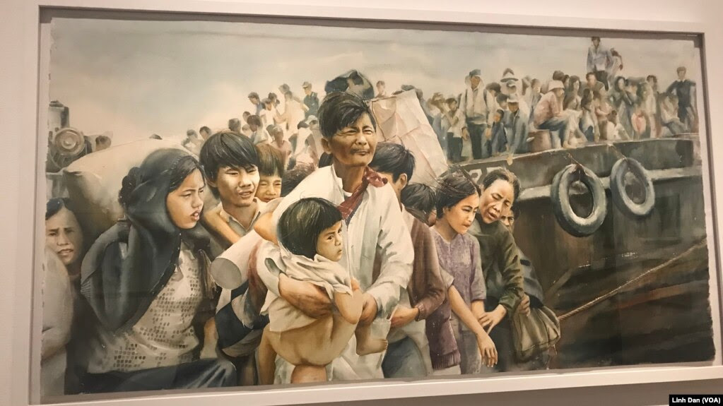 Một bức tranh màu nước về người tị nạn chiến tranh Việt Nam tại triển lãm Tiffany Chung: Vietnam, Past is Prologue (Quá khứ là sự khởi đầu) ở bảo tàng Nghệ thuật Mỹ Smithsonian.