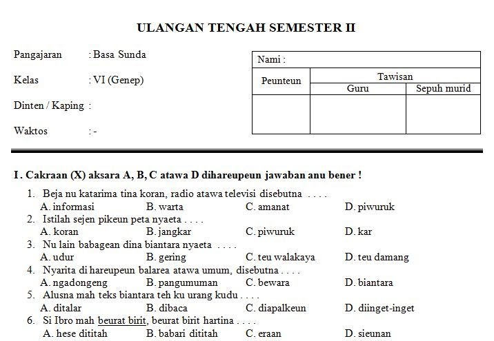 Kunci Jawaban Bahasa Sunda Kelas 5 Semester 1 2020 | Link Guru