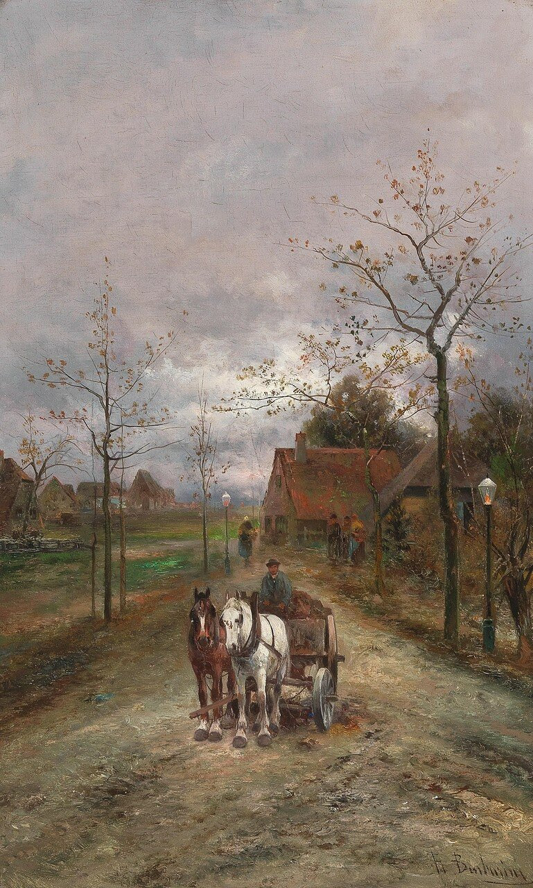 Emil Barbarini  (Wien 1855-1930) Fuhrwerk auf der Dorfstraße