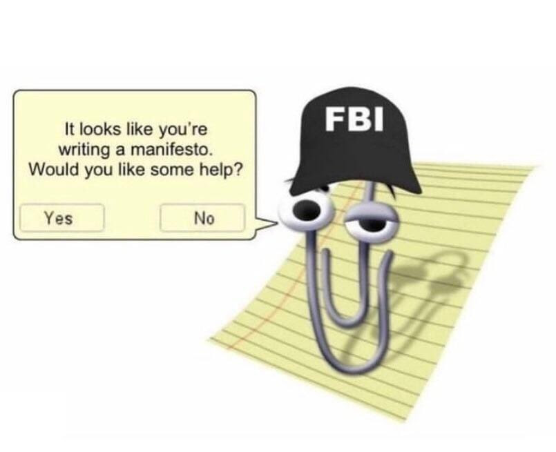 Cartoon showing the fabled "Clippy" as an FBI spy.