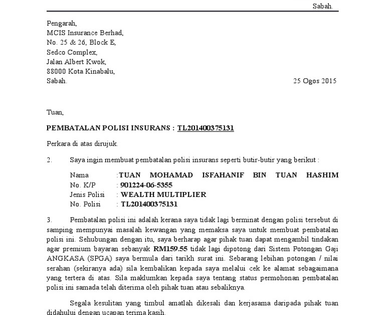 Contoh Surat Rasmi Claim Insurans - GRasmi