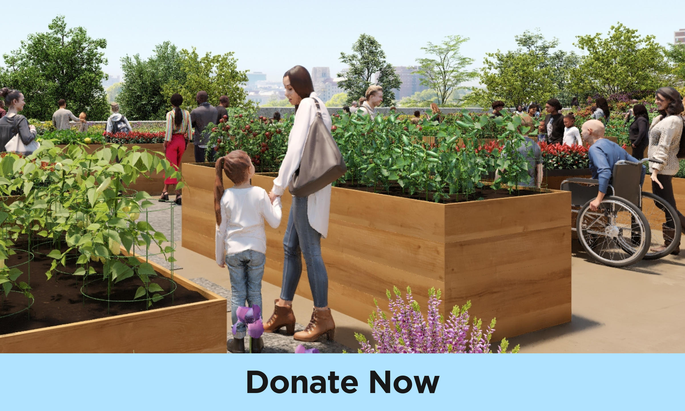 A rending of the future gardens at the Obama Presidential Center. Various groups of people walking around enjoying the beautiful luscious green and colorful plants. The words "Donate Now" appear at the bottom of the image linking to the donation options to support the OPC.