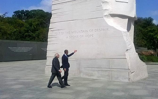 Prime Minister Narendra Modi and President Barack Obama at the Martin Luther King Jr Memorial in Washington, DC, September 30.