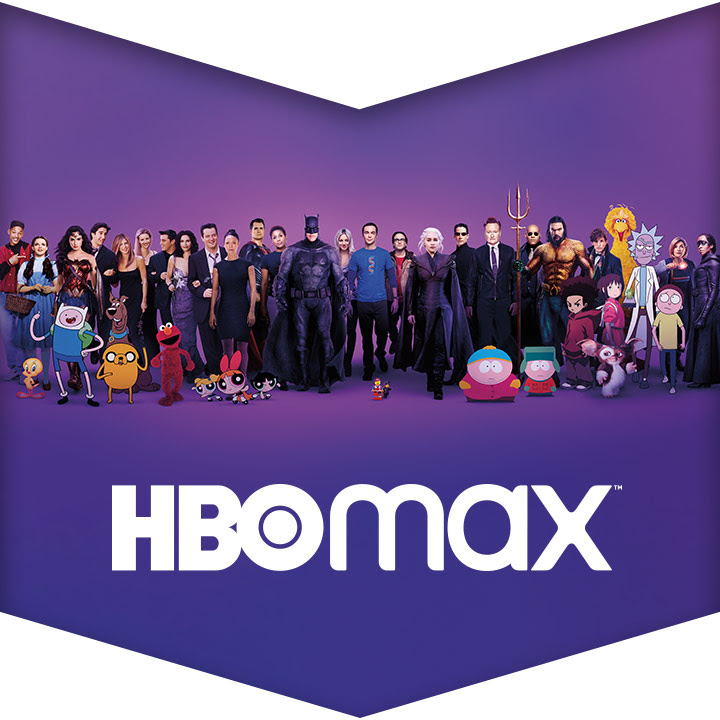 The HBO MAX logo in front of a broad array of recognizable pop culture characters from film and television, both live-action and animated