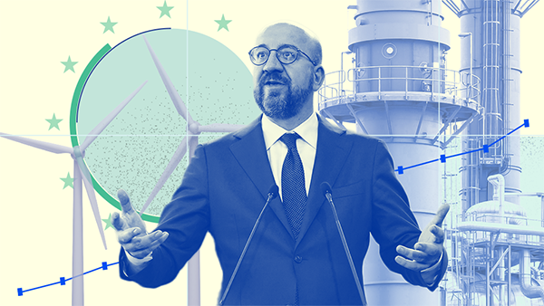Digital collage with Charles Michel in the foreground and images of gas pipelines and windmills behind him.