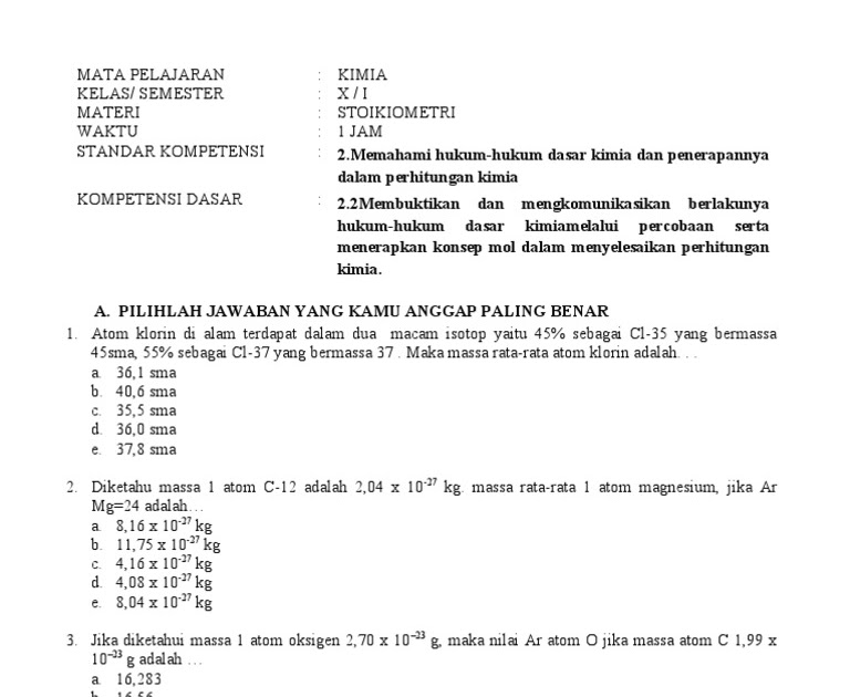 Soal Kimia Kelas 10 Semester 2 Materi Stoikiometri - Juragan Soal