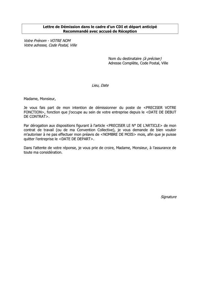 Dans ta lettre de démission de ton cdi, tu n'es pas forcé d'évoquer le motif de ton désengagement. Lettre De Demission Dans Le Cadre D Un Cdi Et Depart Anticipe Doc Pdf Page 1 Sur 1