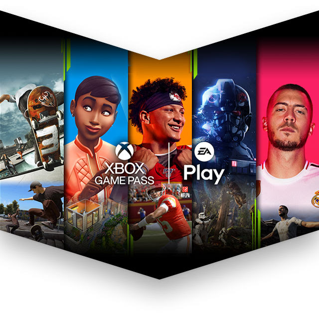 Five vertical bars of character and key art from Skate 3, The Sims 4, Madden 20, Star Wars Battlefront 2, and FIFA 20 with logos for Xbox Game Pass and EA Play