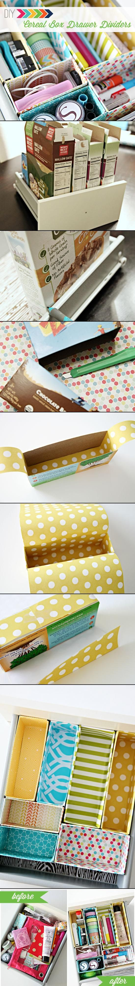 DIY Cereal Box Drawer Dividers, by I Heart Organizing. (LOVE this idea!): 