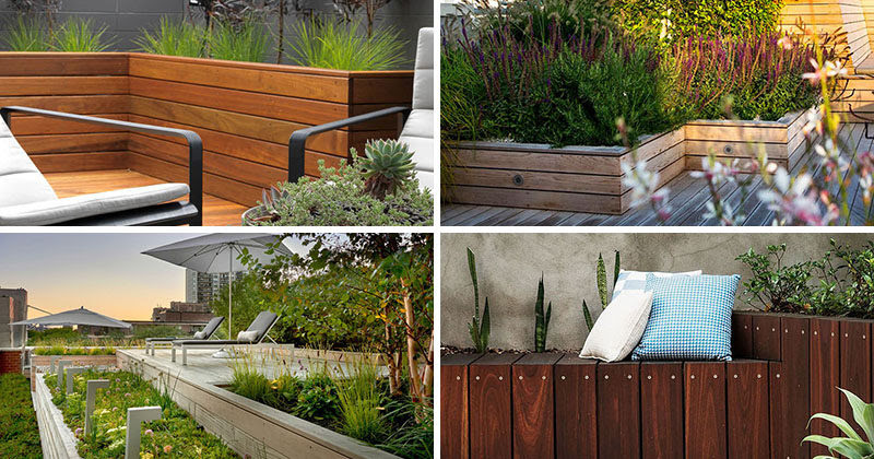 Free shipping!, modern planter in steel and wood, contemporary planter, steel planter, rectangular planter, cubist origami. 12 Ideas For Including Built In Wood Planters In Your Outdoor Space