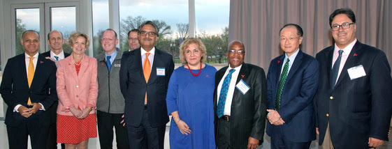 Photo of the speakers at the World TB Day event, including World Bank President Jim Kim and Partners for Health President Paul Farmer.