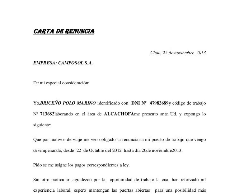 Carta De Renuncia Laboral Voluntaria - i Carta De