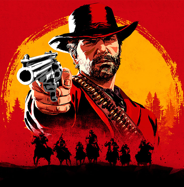 Arthur Morgan in front of sun holds points rifle, with silhouette of men on horseback.