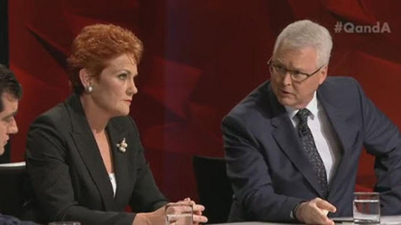 Senator Pauline Hanson and Tony Jones Photo: ABC TV Q&A Screenshot 19 July 2016