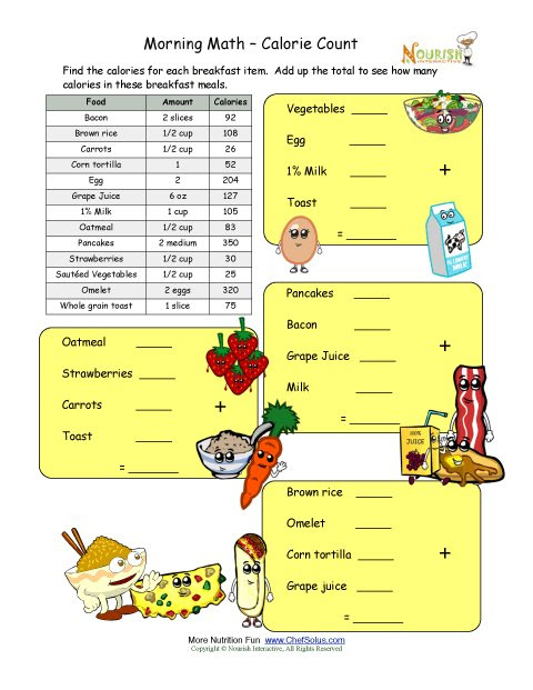 Menu math worksheets menu math worksheet free by spedtacular days have you ever wanted to try out a menu math product here is your chance this is a freebie included in this product is 3 different menuslevel 1 whole dollar endingslevel 2 25 50 75 00 endingslevel 3 variety of monetary amounts6 leveled worksheets 2 item addition 2 item with dollar. Calorie Count Math Worksheet For Elementary School Children Breakfast Time