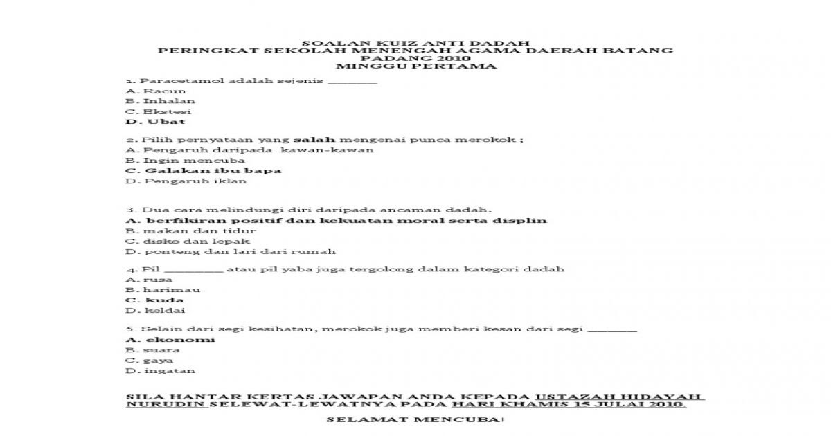 Contoh Soalan Kuiz Kemerdekaan Sekolah Rendah - Selangor c