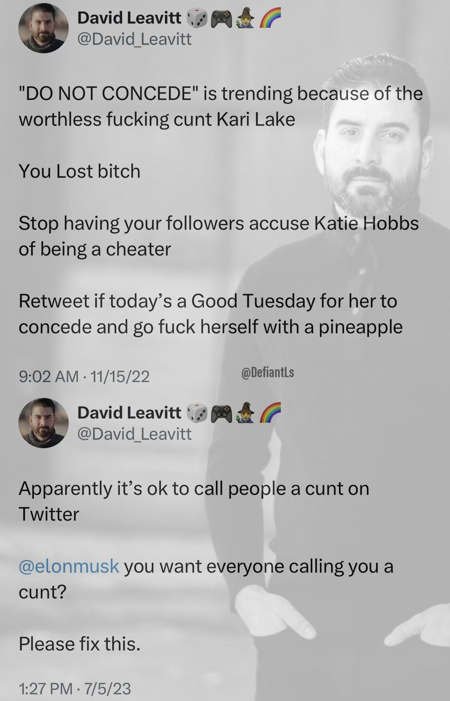 Hypocrite David Leavitt. Uses word "cunt" then complains to Elon about people using the word.