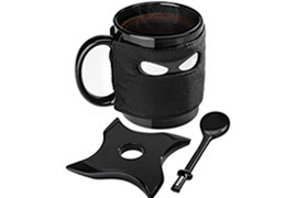 Ninja Black Mug w/ Velco Cloth Cover, Samurai Spoon & Ninja Star Coaster 