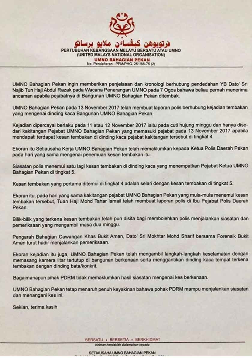 Some memories that were able to be photographed around the inauguration ceremony of the annual general meeting of the pahang state. Najib Kongsi Gambar Kesan Tembakan Di Pejabat Umno Pekan Astro Awani