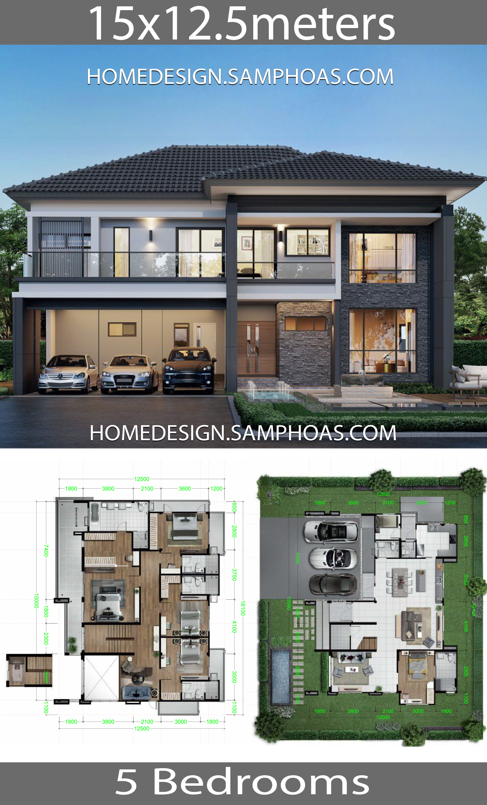  Home  Design  Plans  15x12 5m with 5  bedrooms  House  Plan  Map