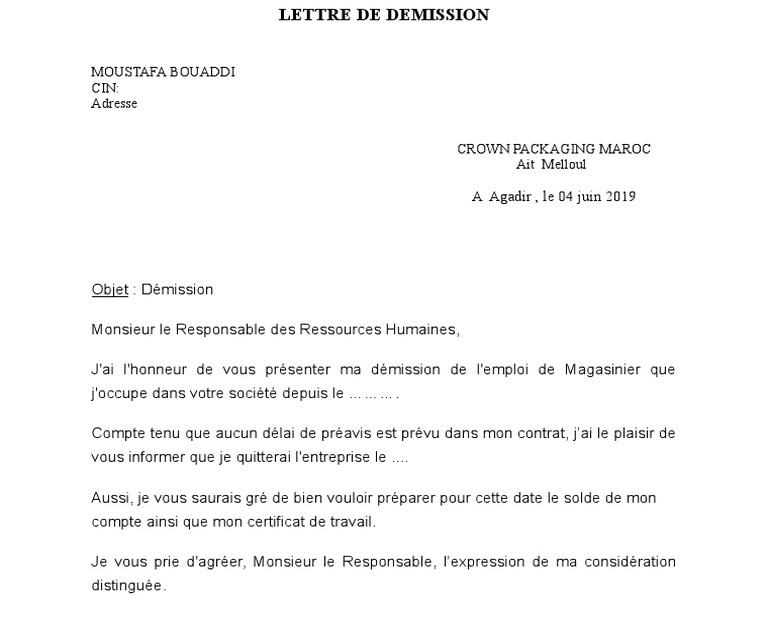 lettre de décharge démission