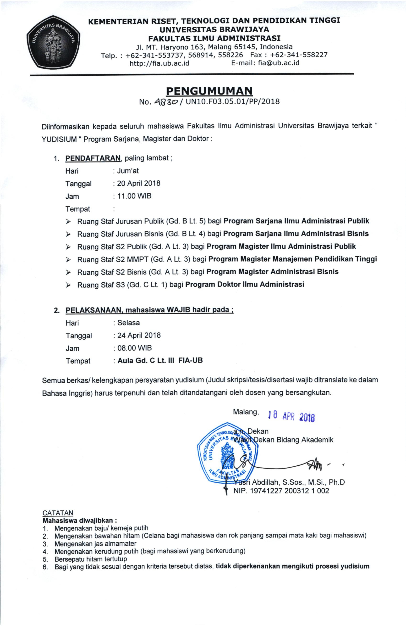 Jadwal Pendaftaran dan Pelaksanaan Yudisium Periode April 2018