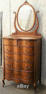 It is 34 by 19 and 50 in tall. Vtg American Tiger Oak Tall Serpentine Highboy Dresser Mirror Restored La Area